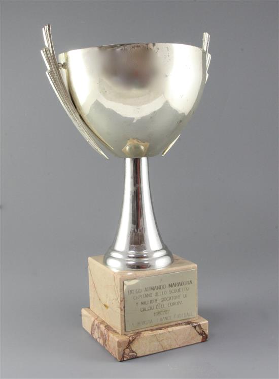 A trophy cup awarded to Diego Maradona, Golden Ball for the best player of Europe, height 17.5in.